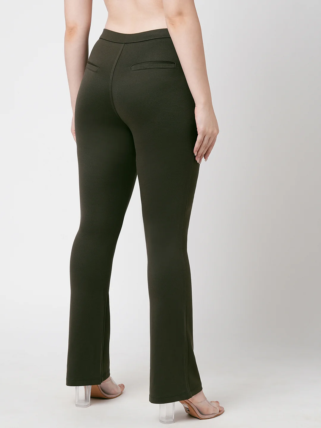 Women Olive High-Rise Mini Flare Treggings - Image 3