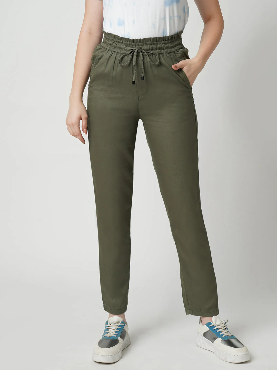 Women High-Rise Relaxed Fit Paper Bag Pants - Image 2