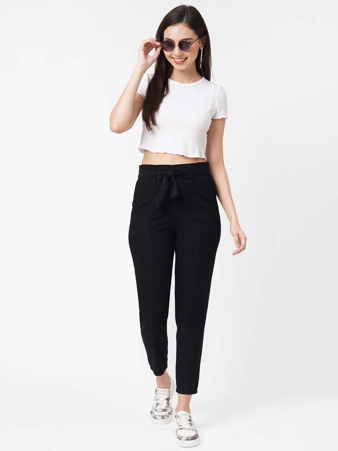 Women High-Rise Relaxed Fit Paper Bag Pants - Image 2