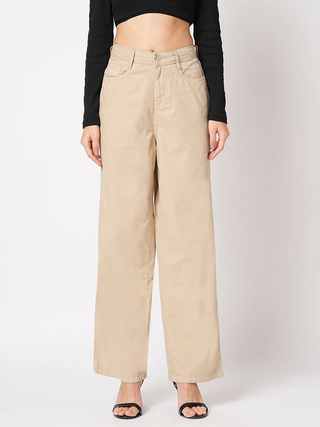 Women Beige High-Rise Wide Leg Jeans - Image 2
