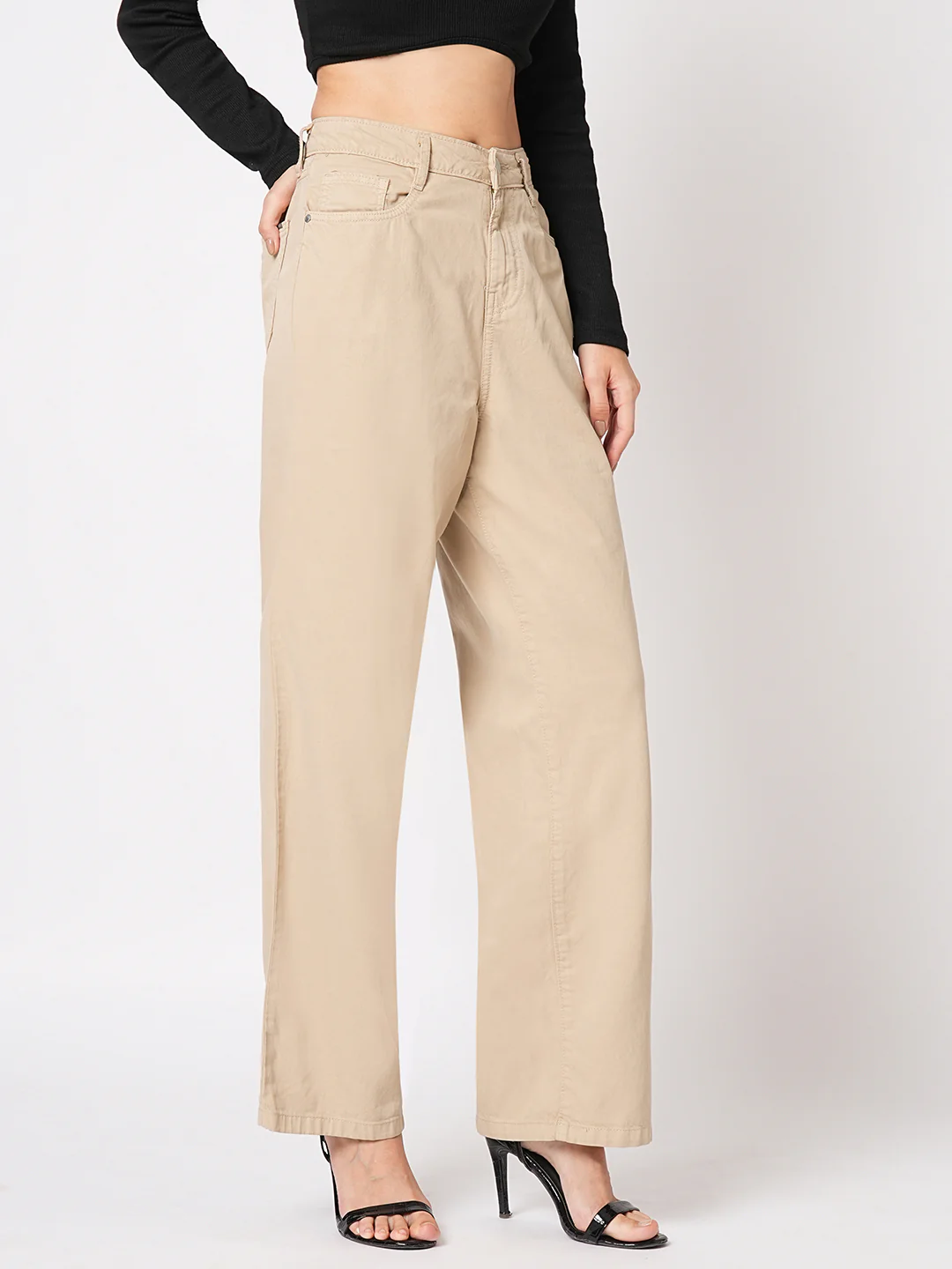 Women Beige High-Rise Wide Leg Jeans - Image 6