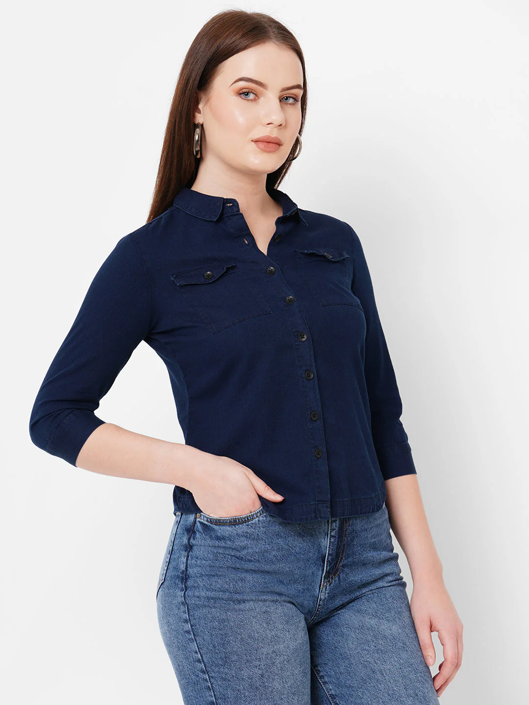 Women Ink Blue Slim Shirt - Image 4