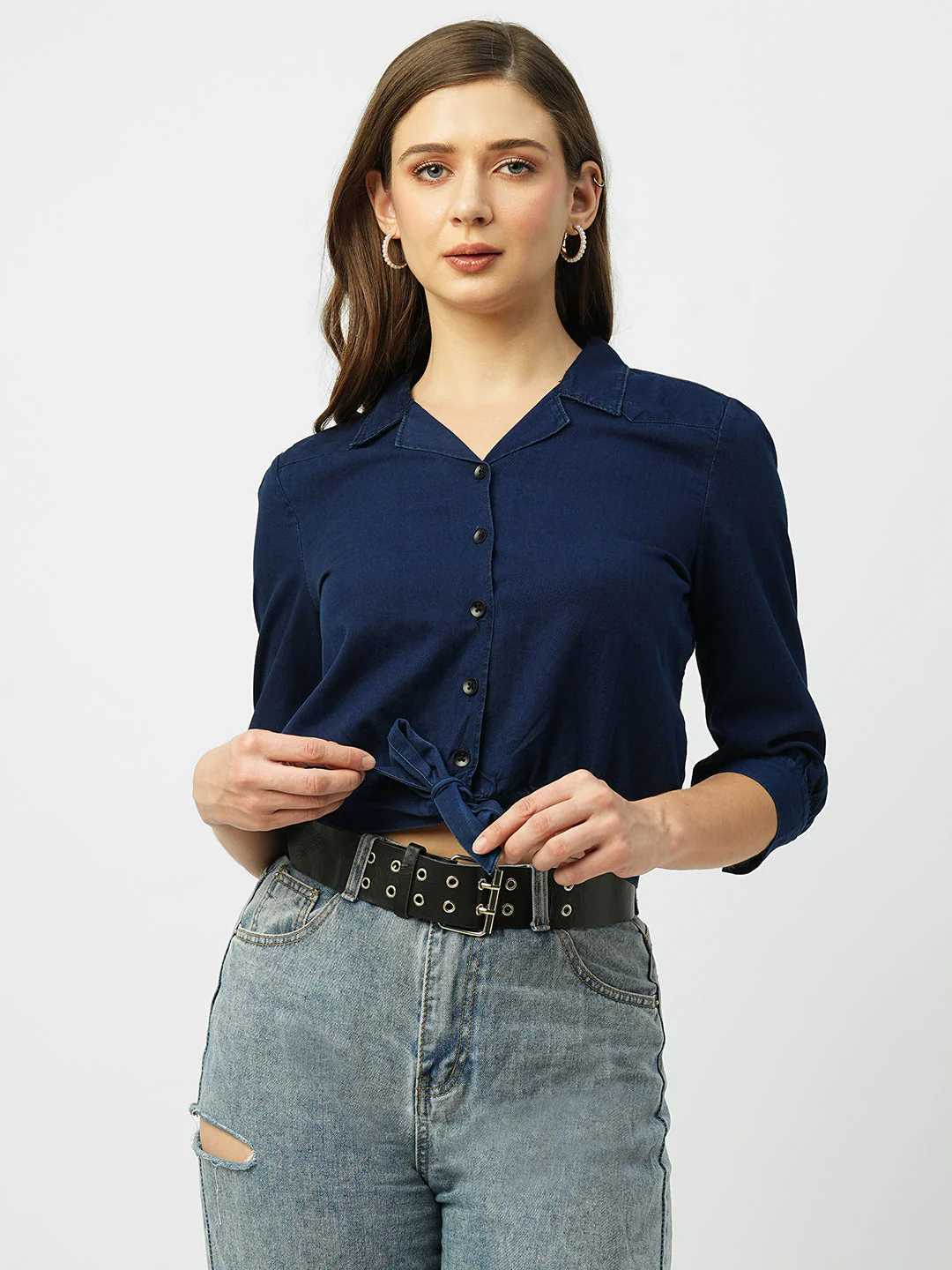 Women Ink Blue Slim Shirt - Image 2