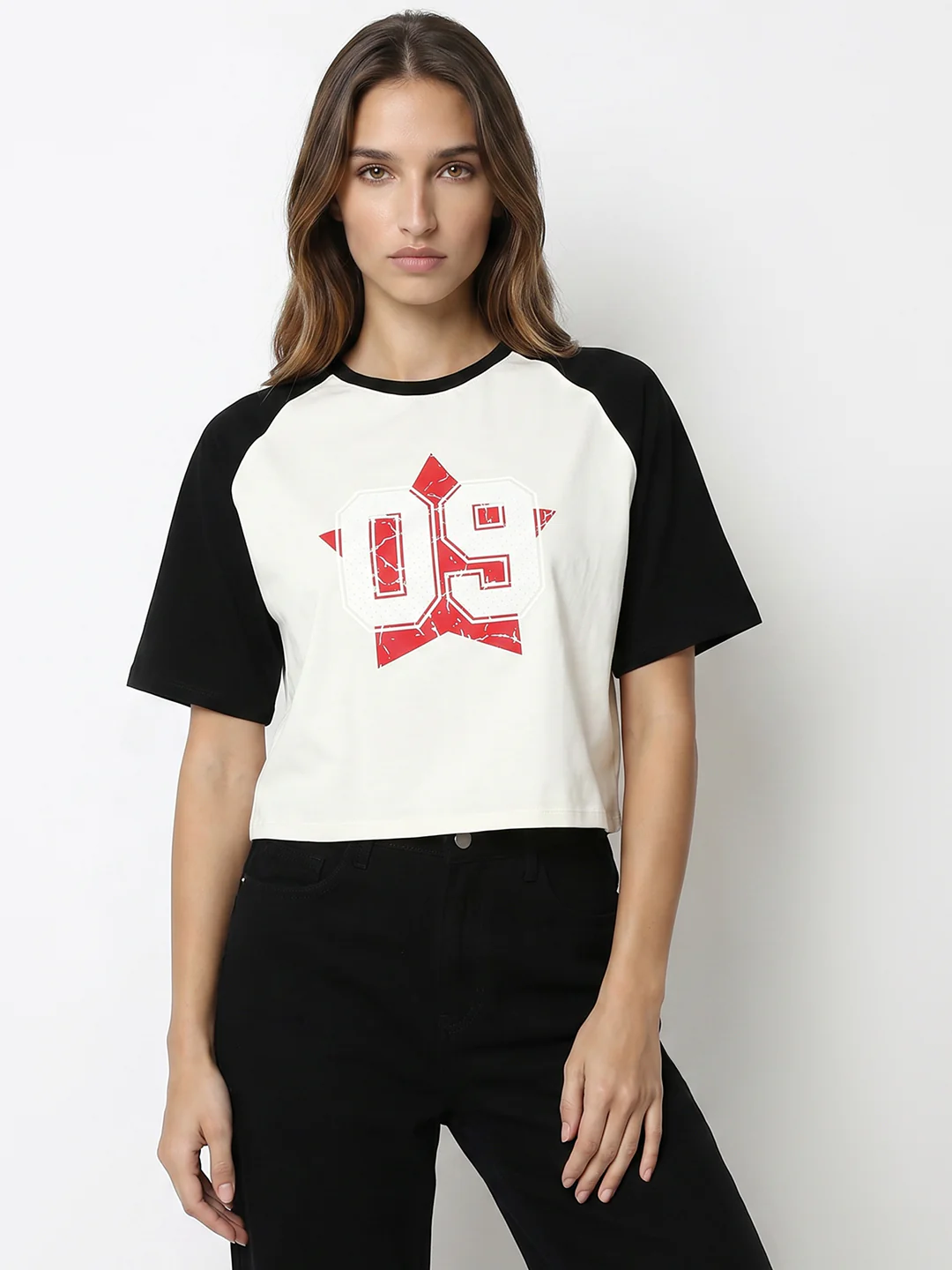 Women Ivory/Black Crop Graphic Tees - Image 2