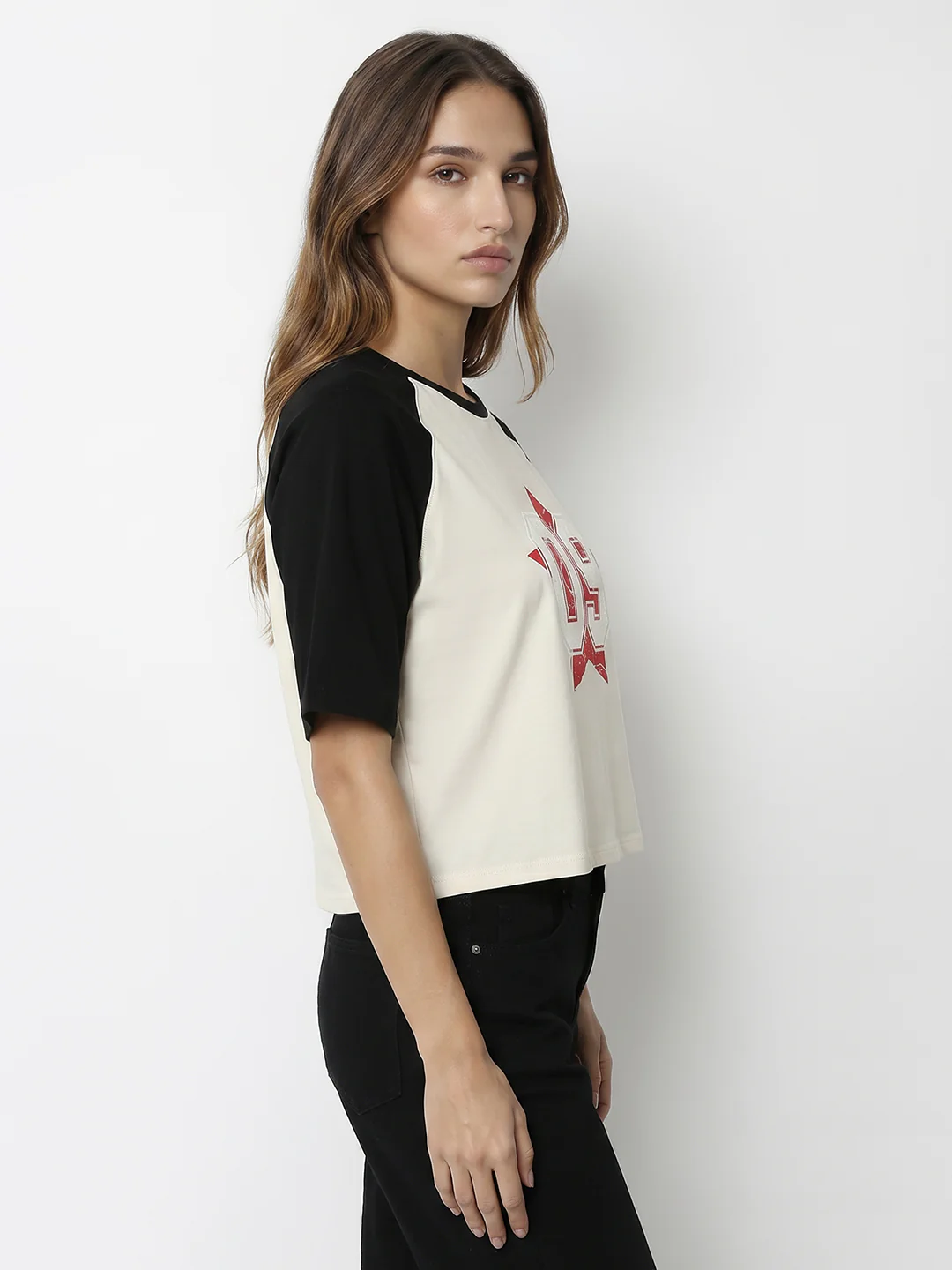 Women Ivory/Black Crop Graphic Tees - Image 5