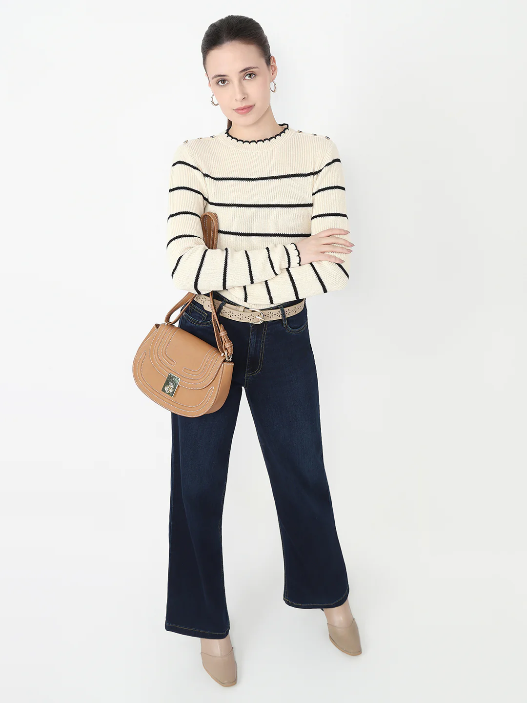 Women Ivory/Black Slim Fit Sweater