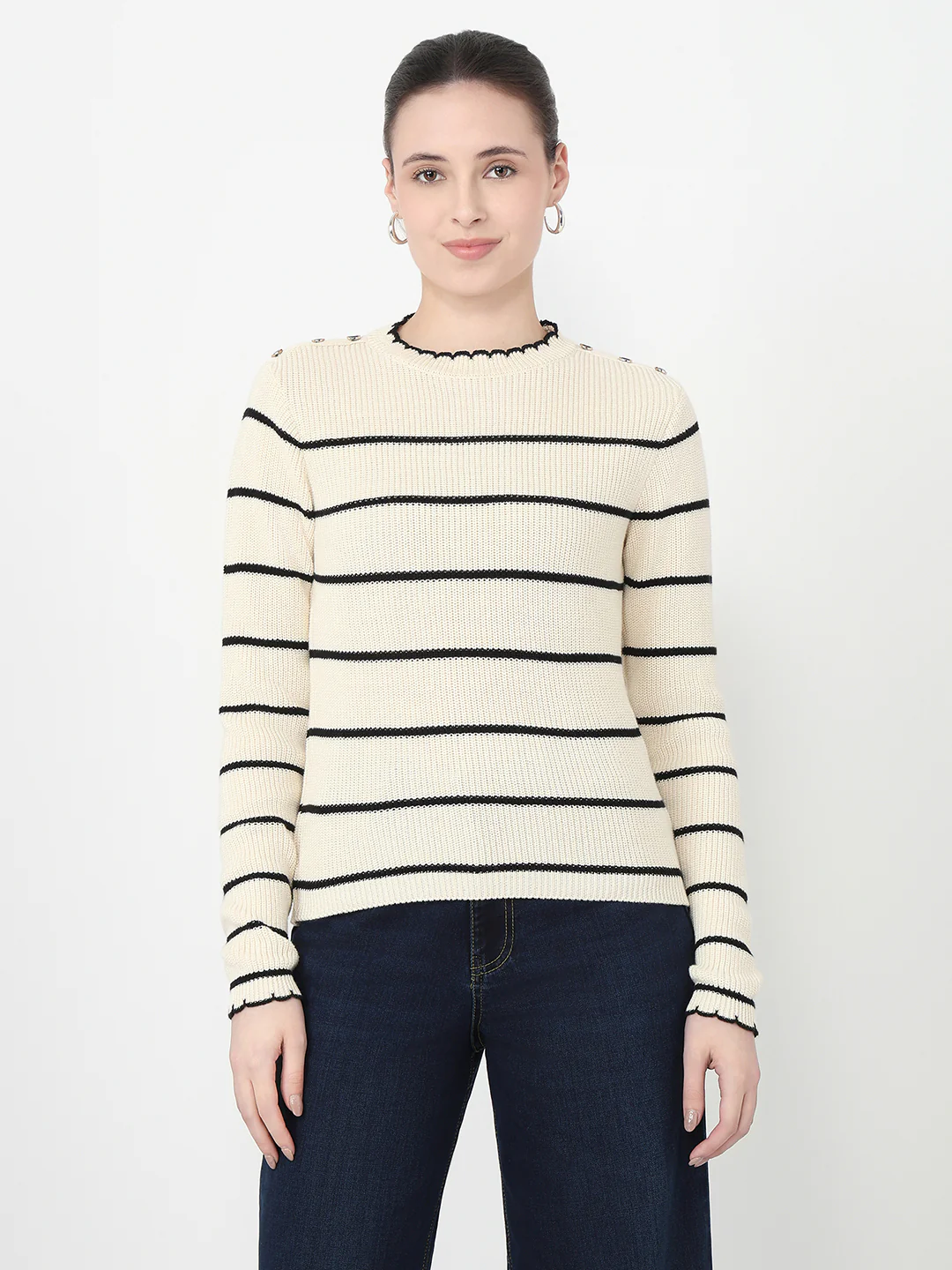 Women Ivory/Black Slim Fit Sweater - Image 2