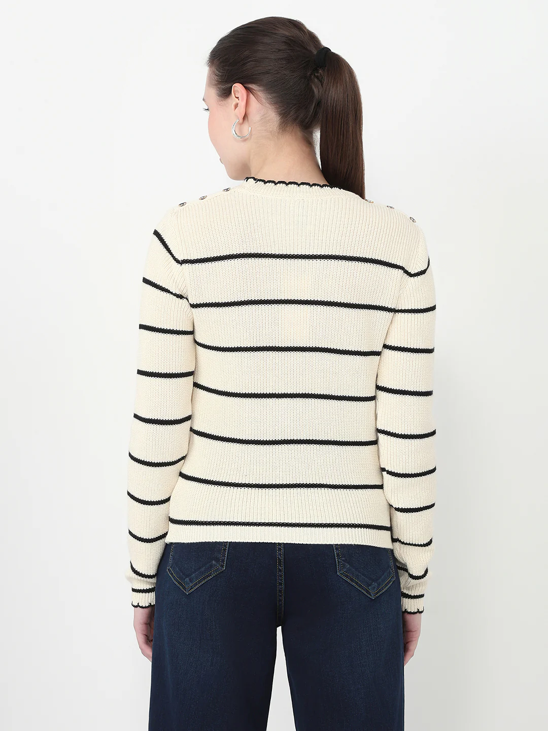 Women Ivory/Black Slim Fit Sweater - Image 3