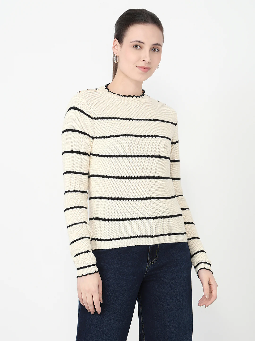 Women Ivory/Black Slim Fit Sweater - Image 5