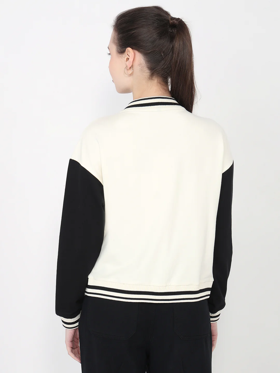 Women Ivory/Black Slim Fit Varsity Jacket - Image 3