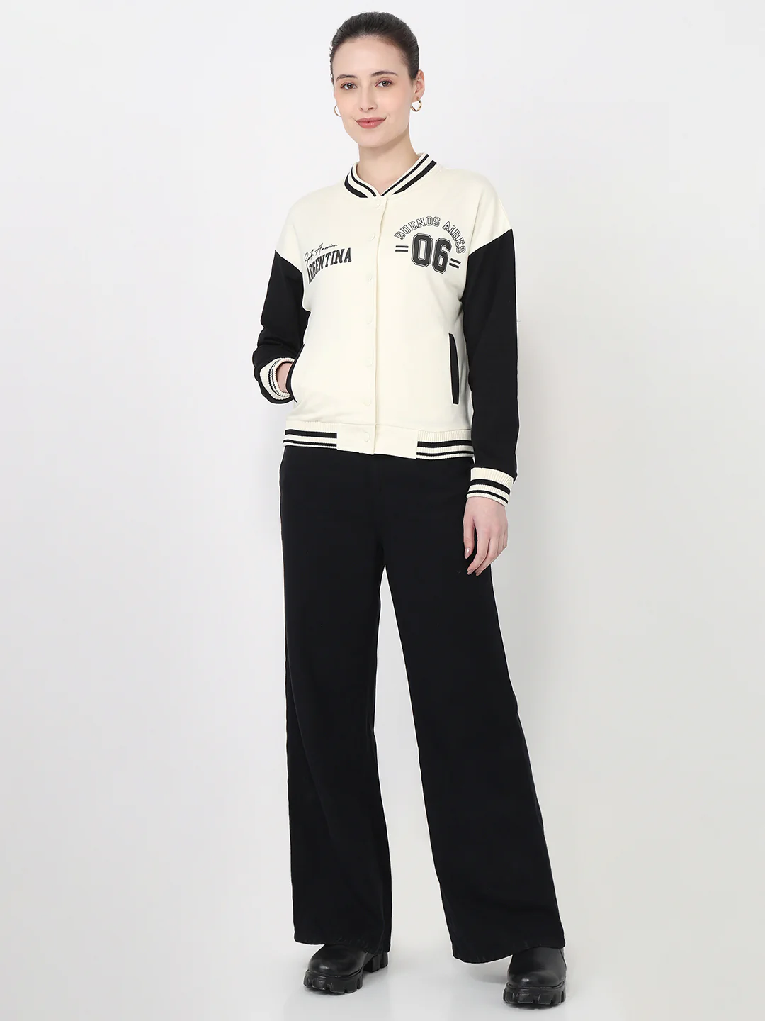 Women Ivory/Black Slim Fit Varsity Jacket - Image 4