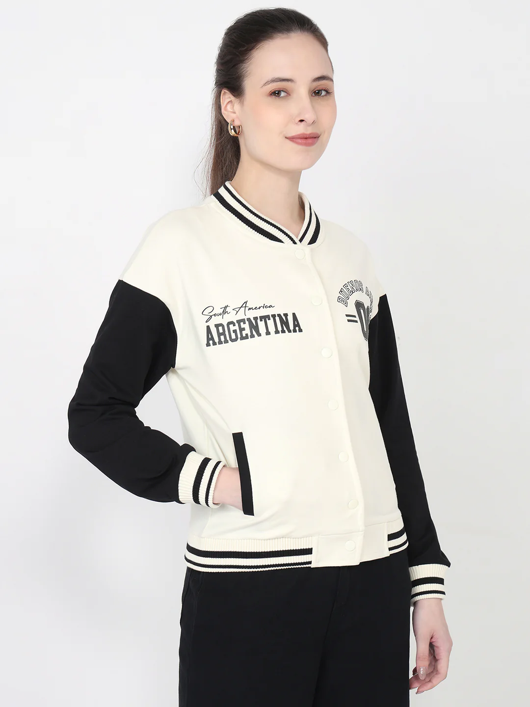 Women Ivory/Black Slim Fit Varsity Jacket - Image 5