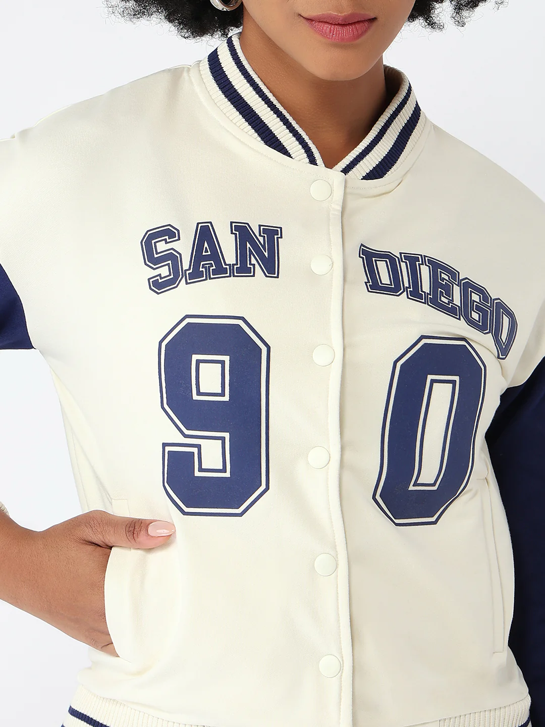 Women Ivory/Blue Slim Fit Varsity Jacket - Image 4
