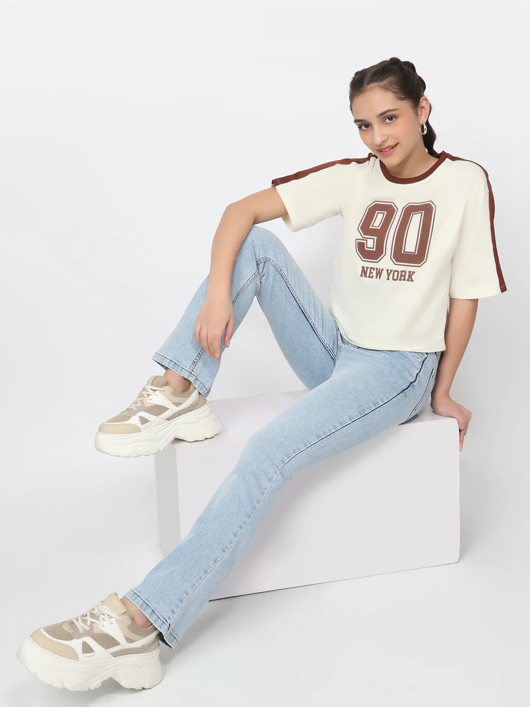 Women Ivory Graphic Crop Tees