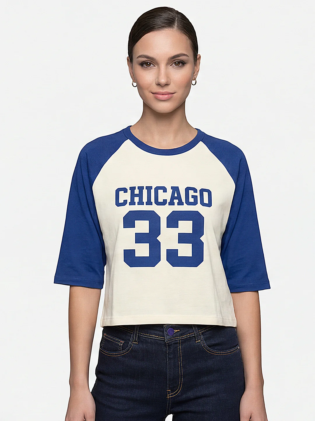 Women Ivory/Indigo Graphic Print Crop Tees - Image 2