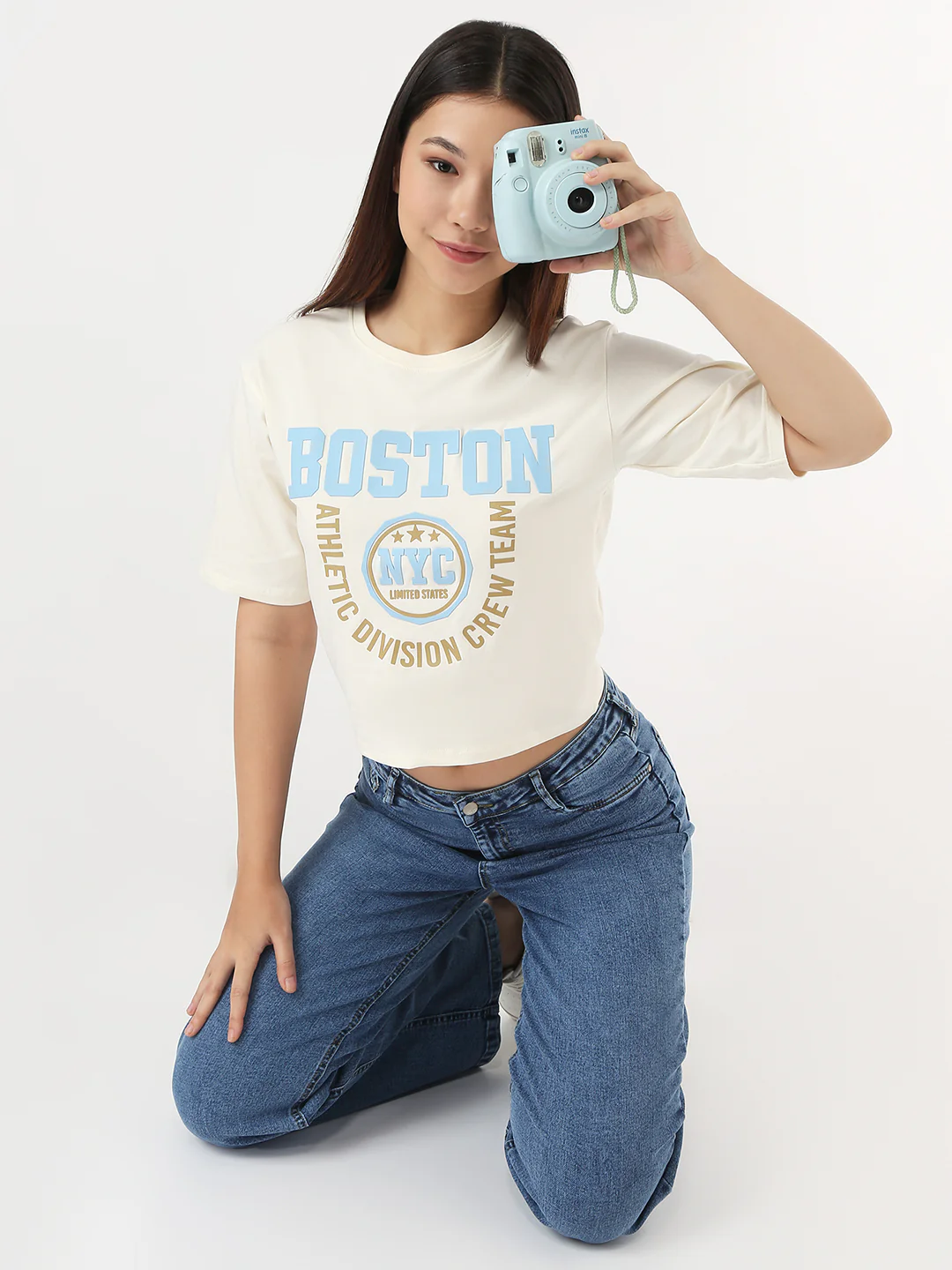 Women Ivory Slim Crop Graphic T-Shirt - Image 2