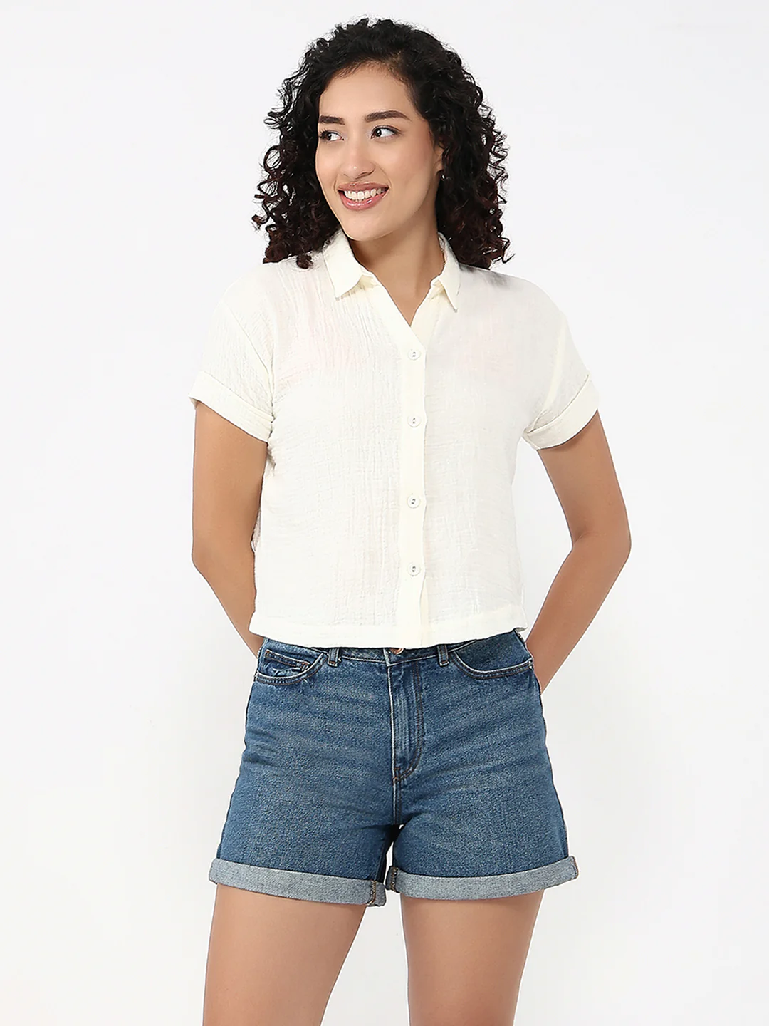 Women Ivory Slim Crop Shirt - Image 2