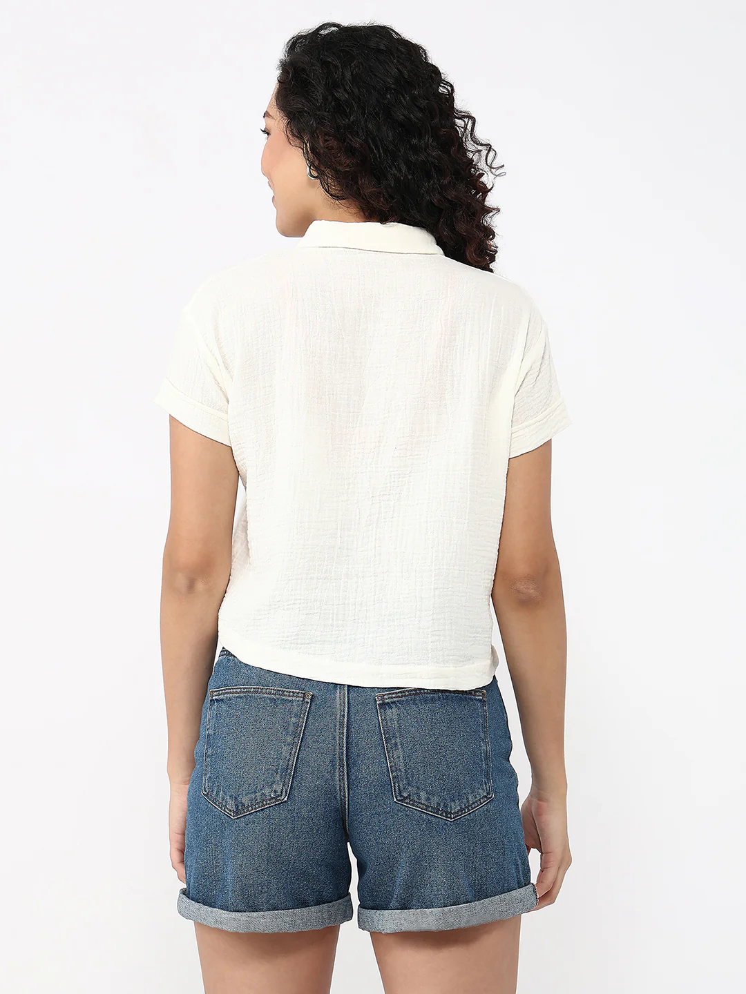 Women Ivory Slim Crop Shirt - Image 3