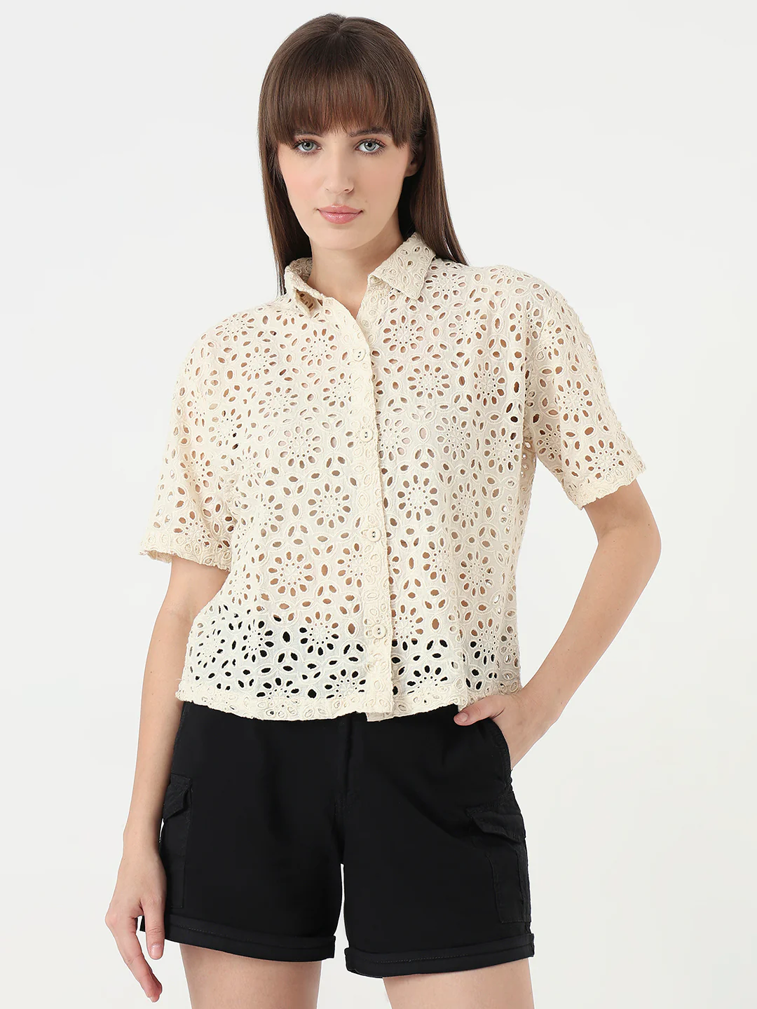 Women Ivory Slim Fit Crop Shirt - Image 2