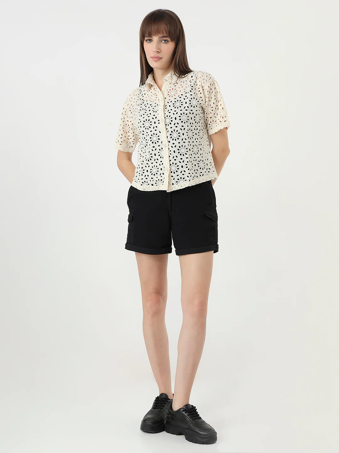 Women Ivory Slim Fit Crop Shirt - Image 4