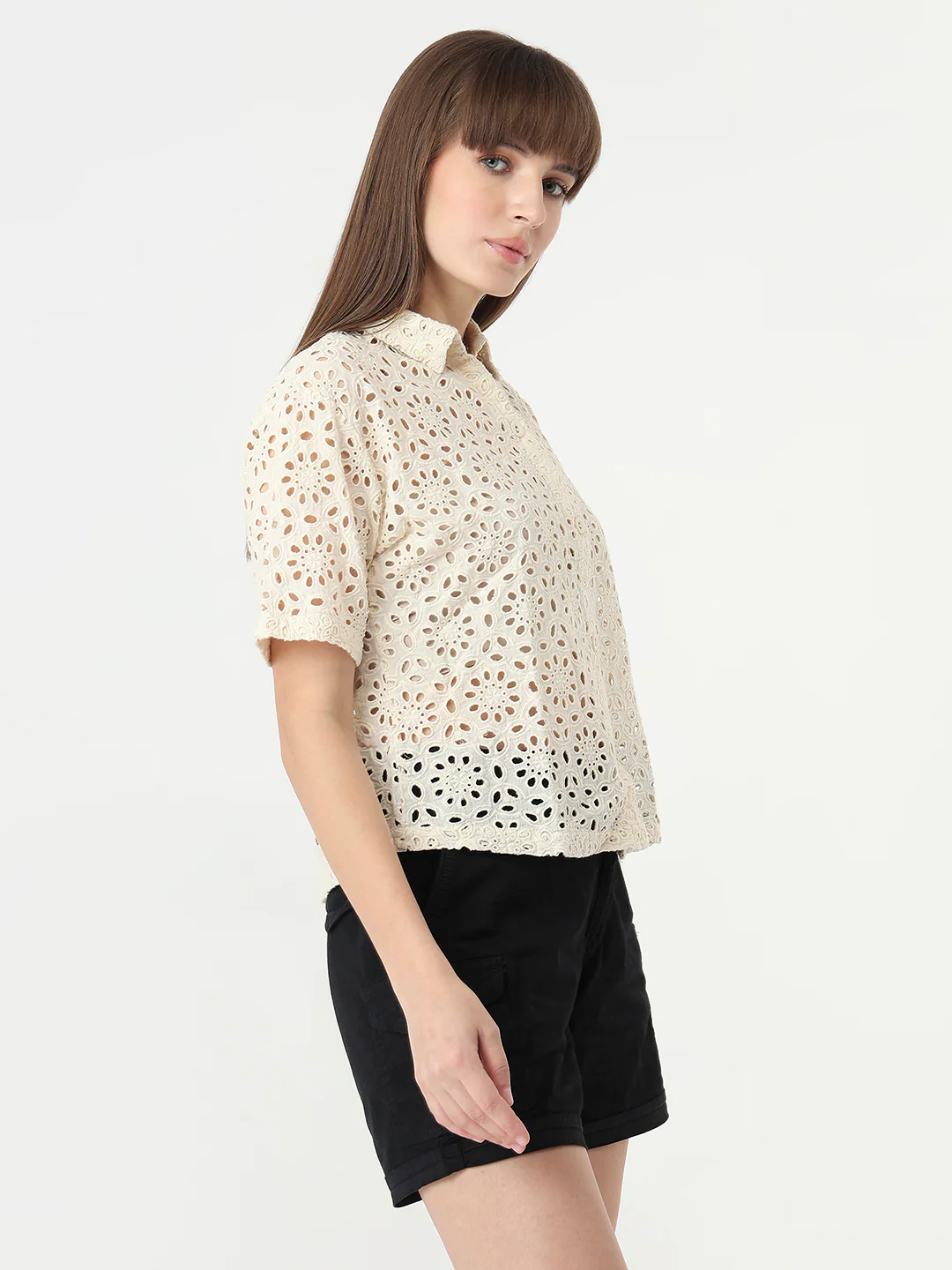 Women Ivory Slim Fit Crop Shirt - Image 5