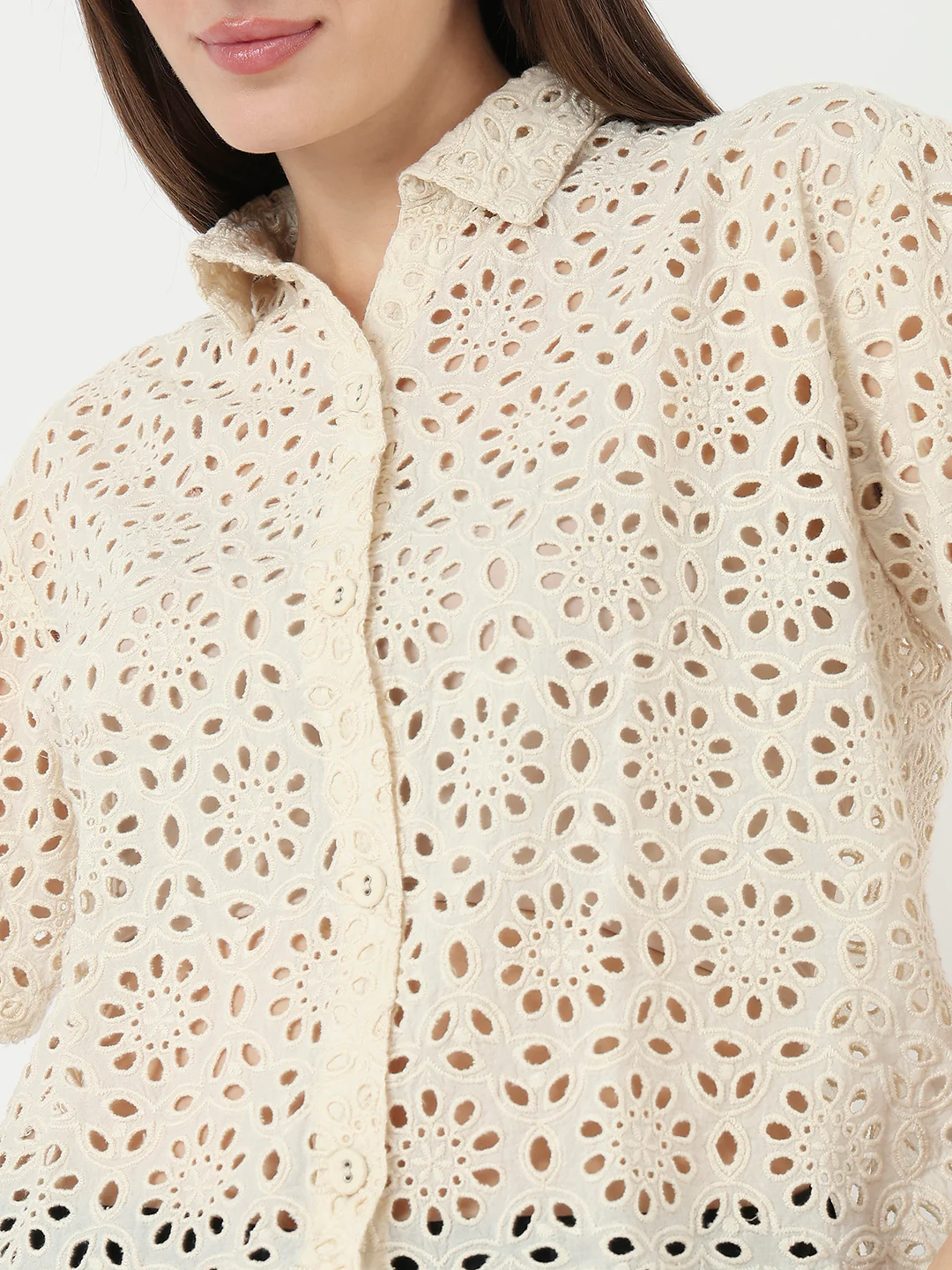 Women Ivory Slim Fit Crop Shirt - Image 6
