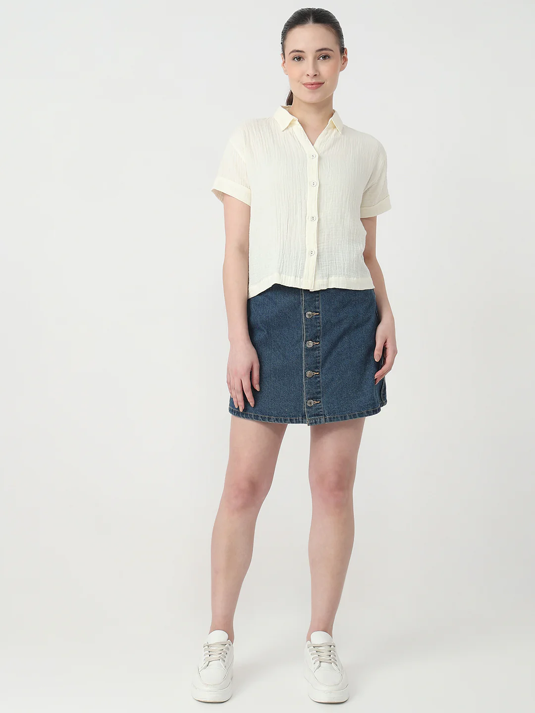 Women Ivory Slim Fit Crop Shirt - Image 4