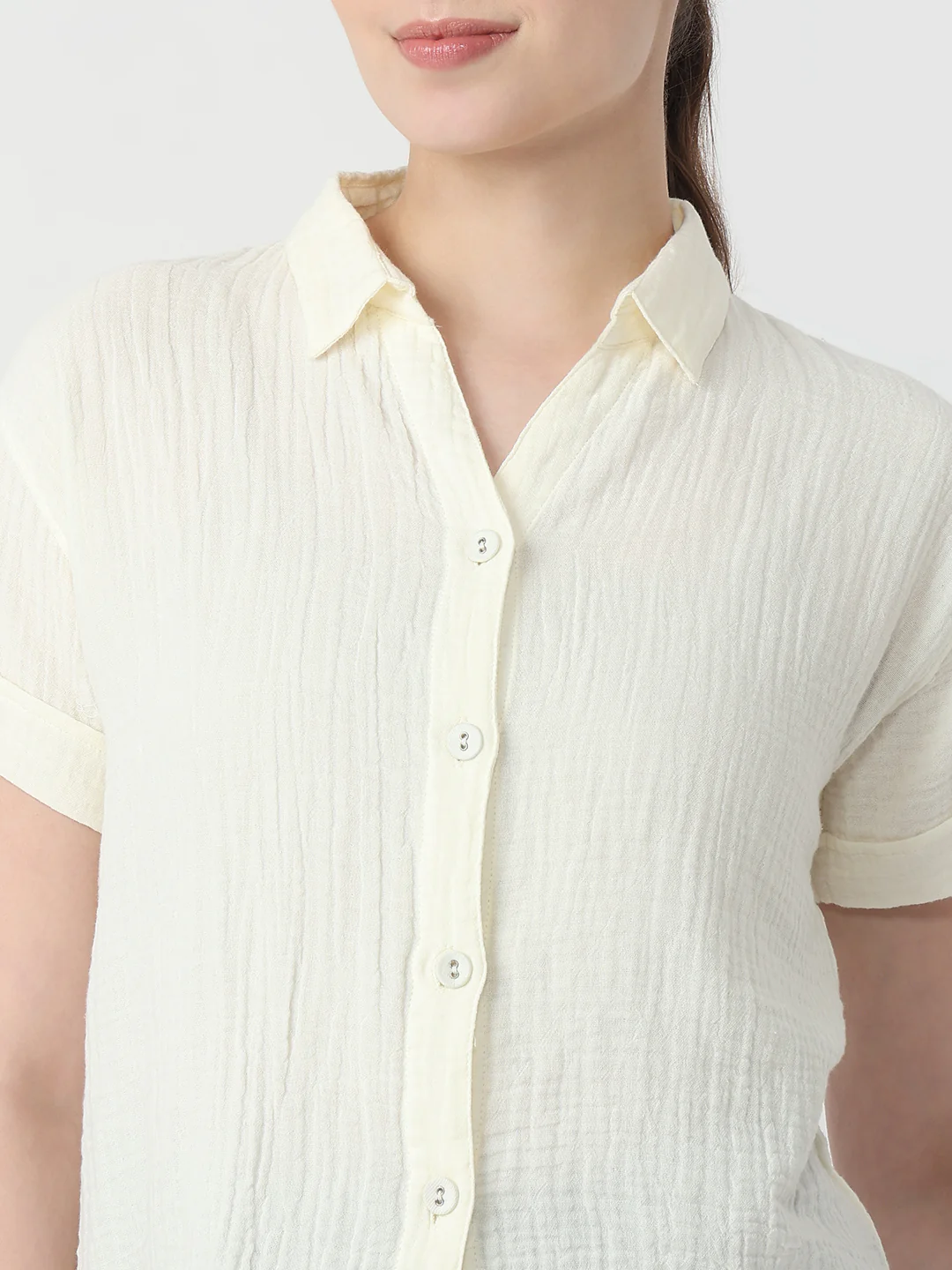 Women Ivory Slim Fit Crop Shirt - Image 6
