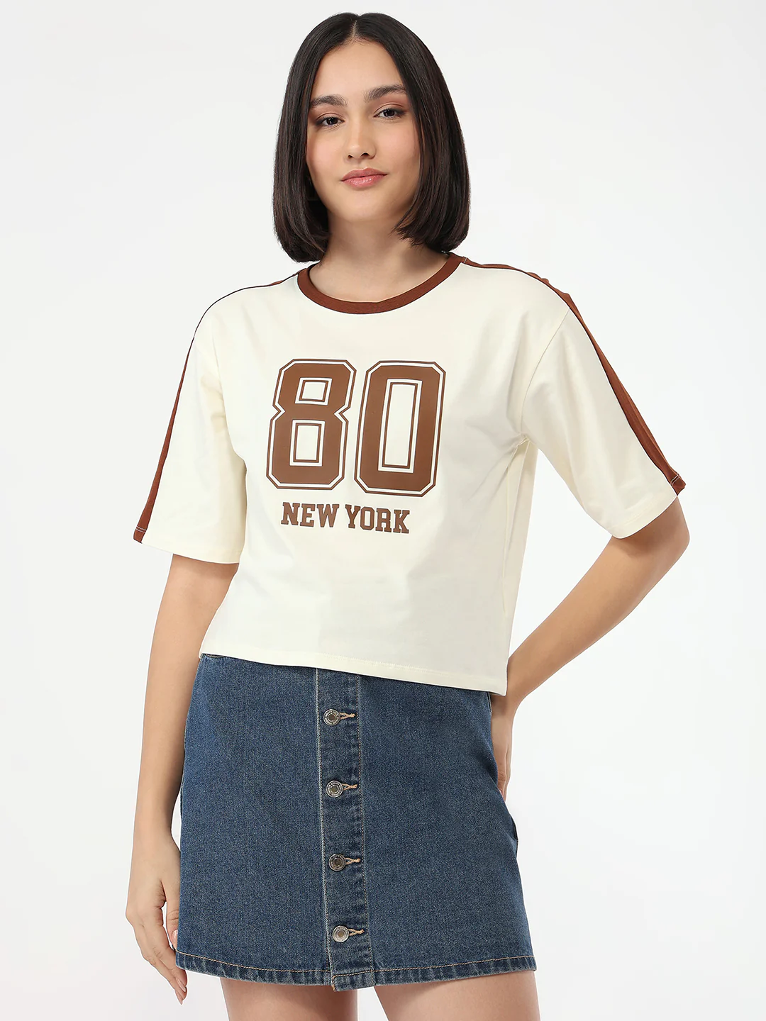 Women Ivory Slim Fit Crop T-Shirt