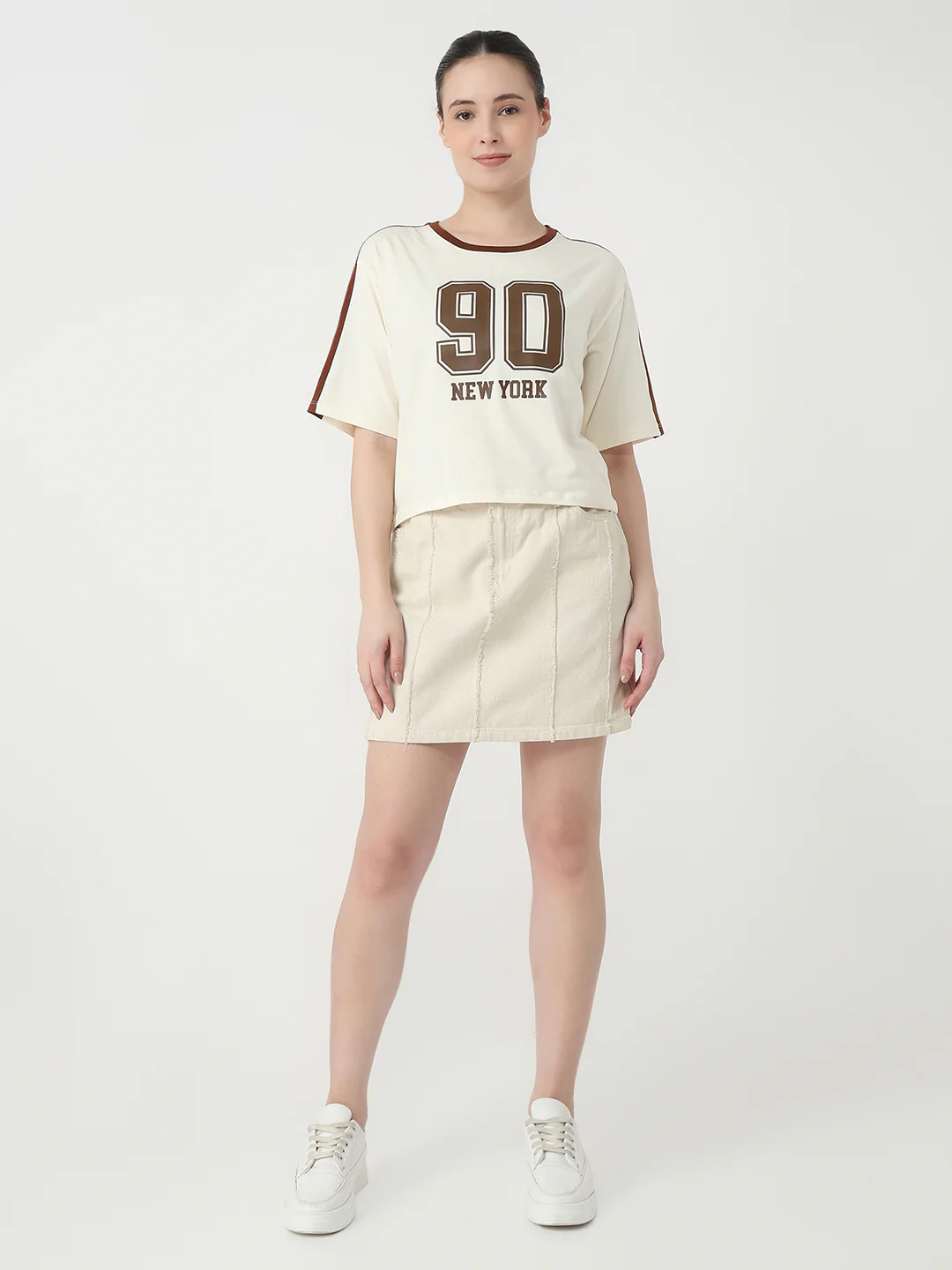 Women Ivory Slim Fit Graphic Crop T-Shirt - Image 4