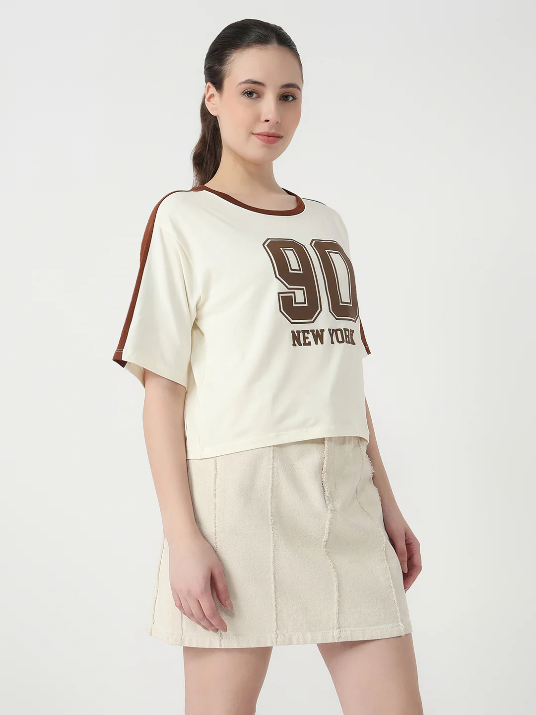 Women Ivory Slim Fit Graphic Crop T-Shirt - Image 5