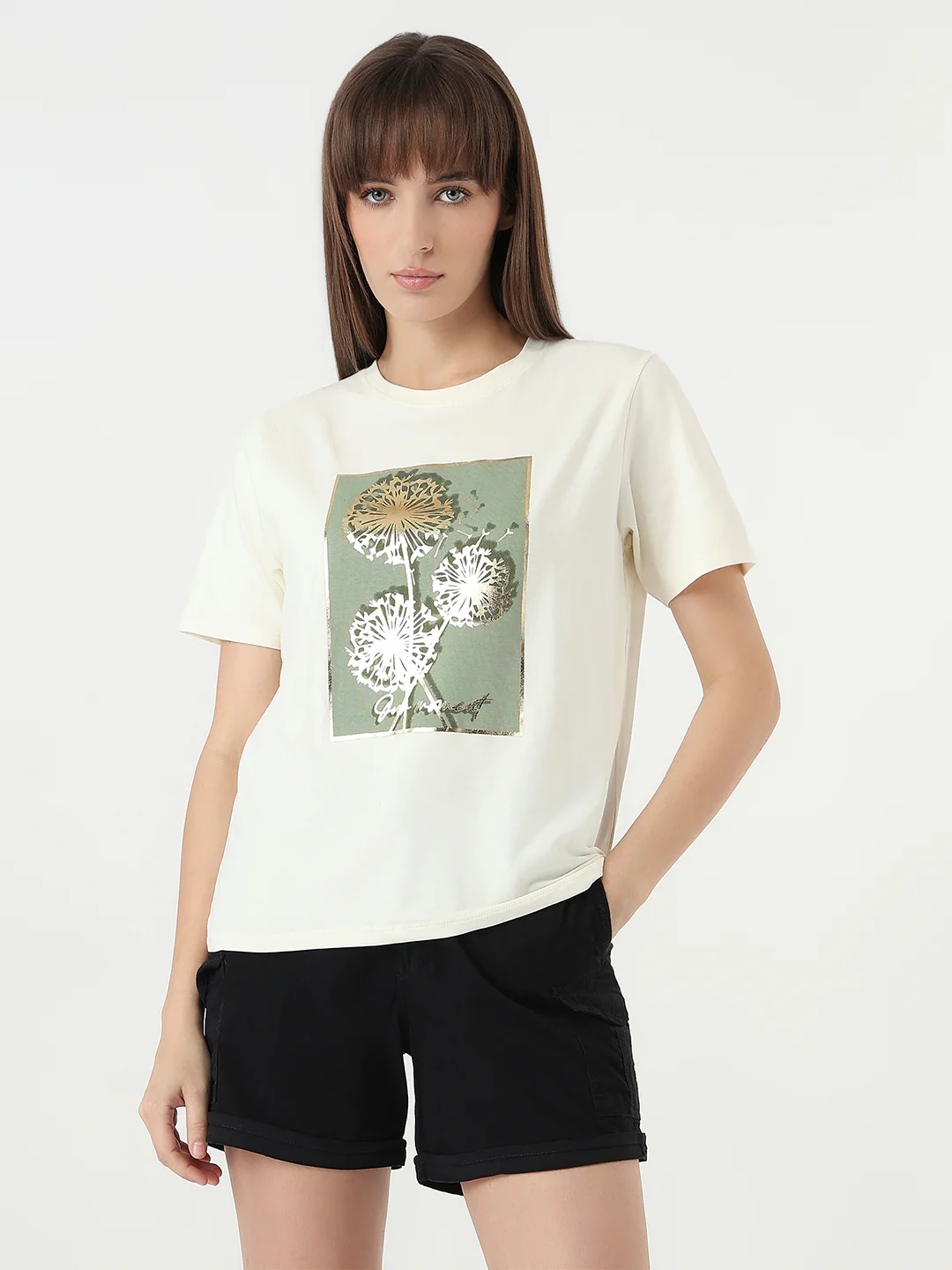 Women Ivory Slim Fit Graphic T-Shirt - Image 2