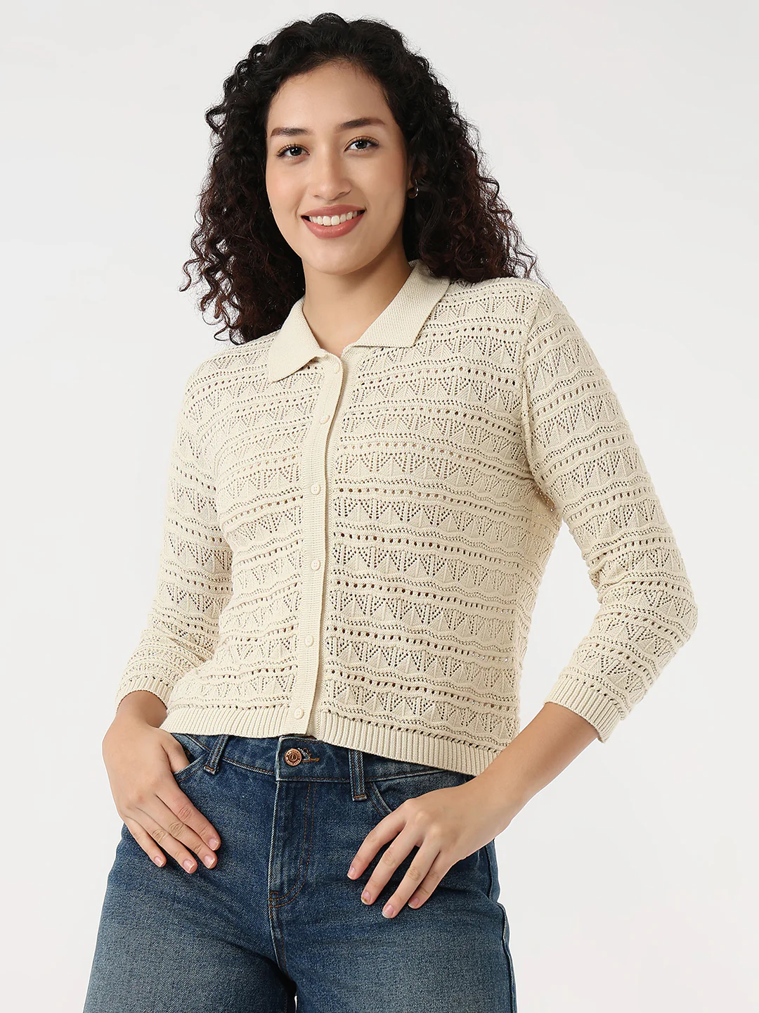 Women Ivory Slim Flat Knit Shirt - Image 2