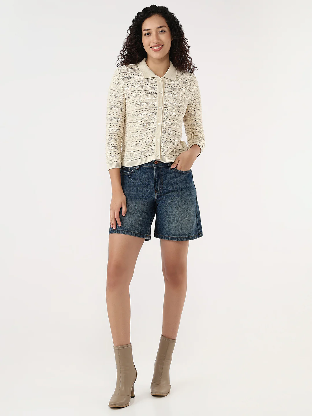 Women Ivory Slim Flat Knit Shirt - Image 3