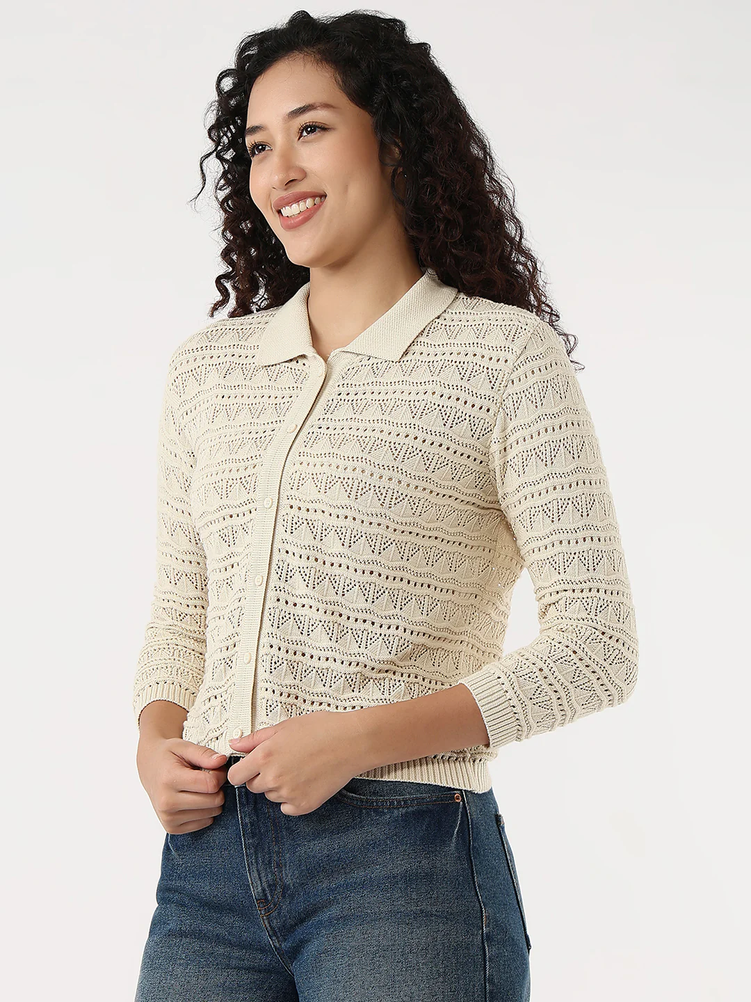 Women Ivory Slim Flat Knit Shirt - Image 5