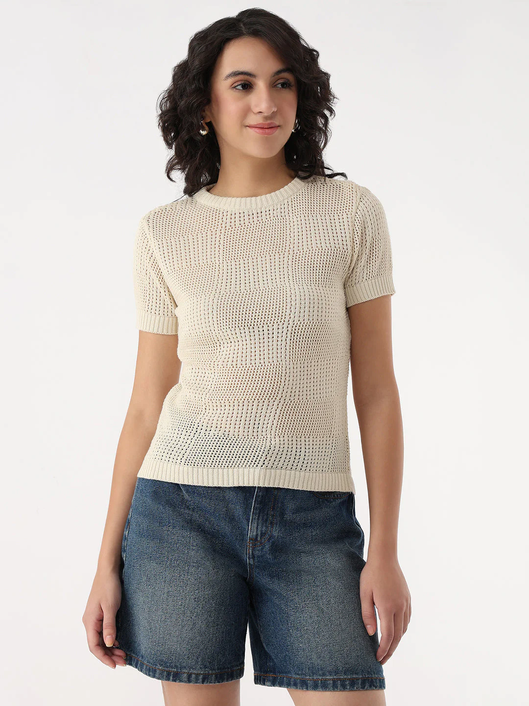 Women Ivory Slim Flat Knit Top - Image 2