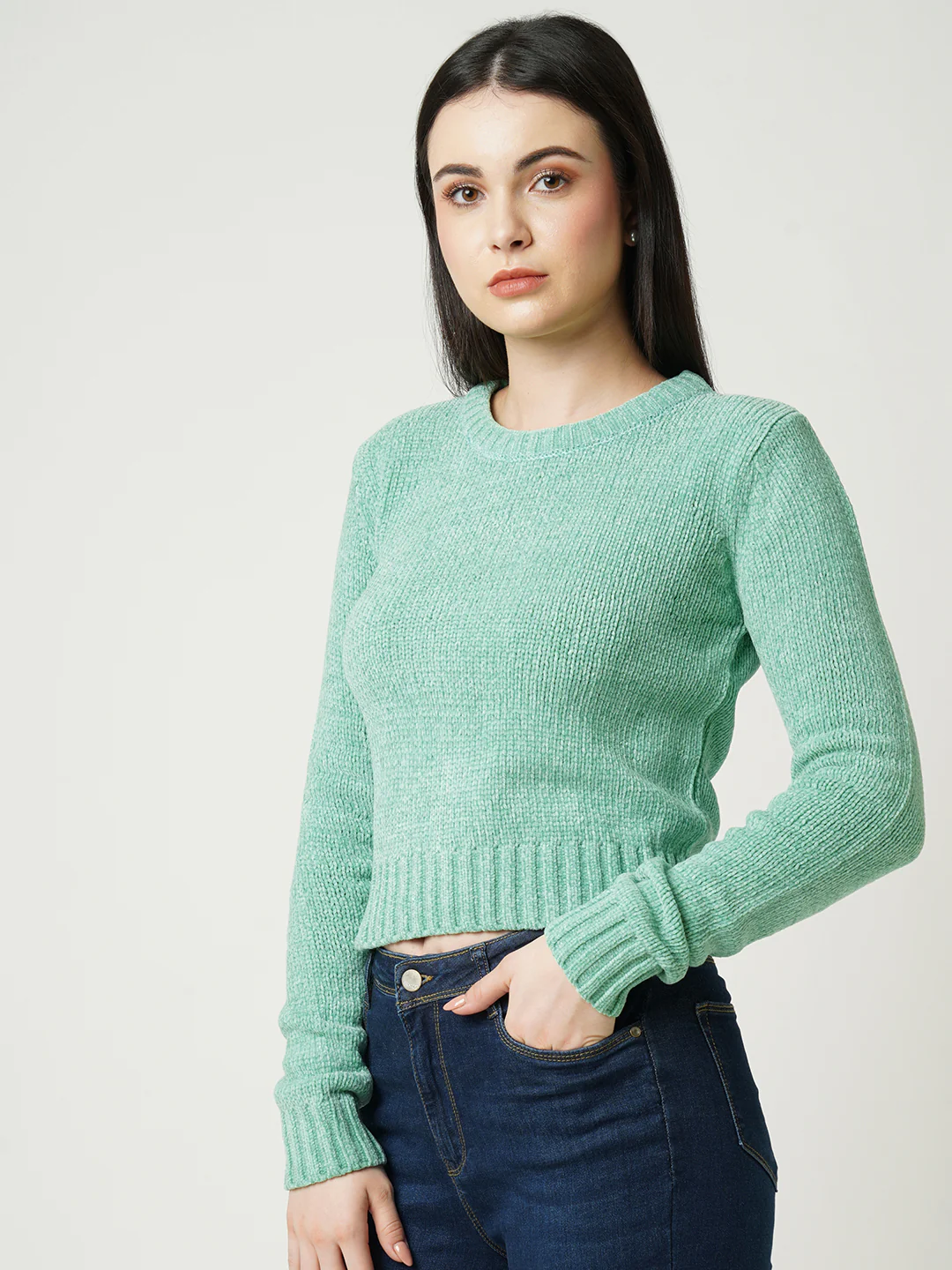 Women Jade Green Slim Sweater - Image 2