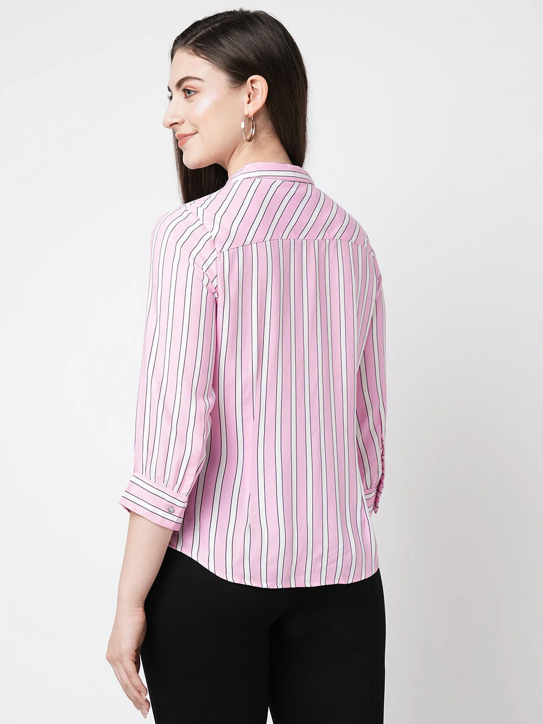 Women Lavender & White Striped Slim Shirt - Image 3