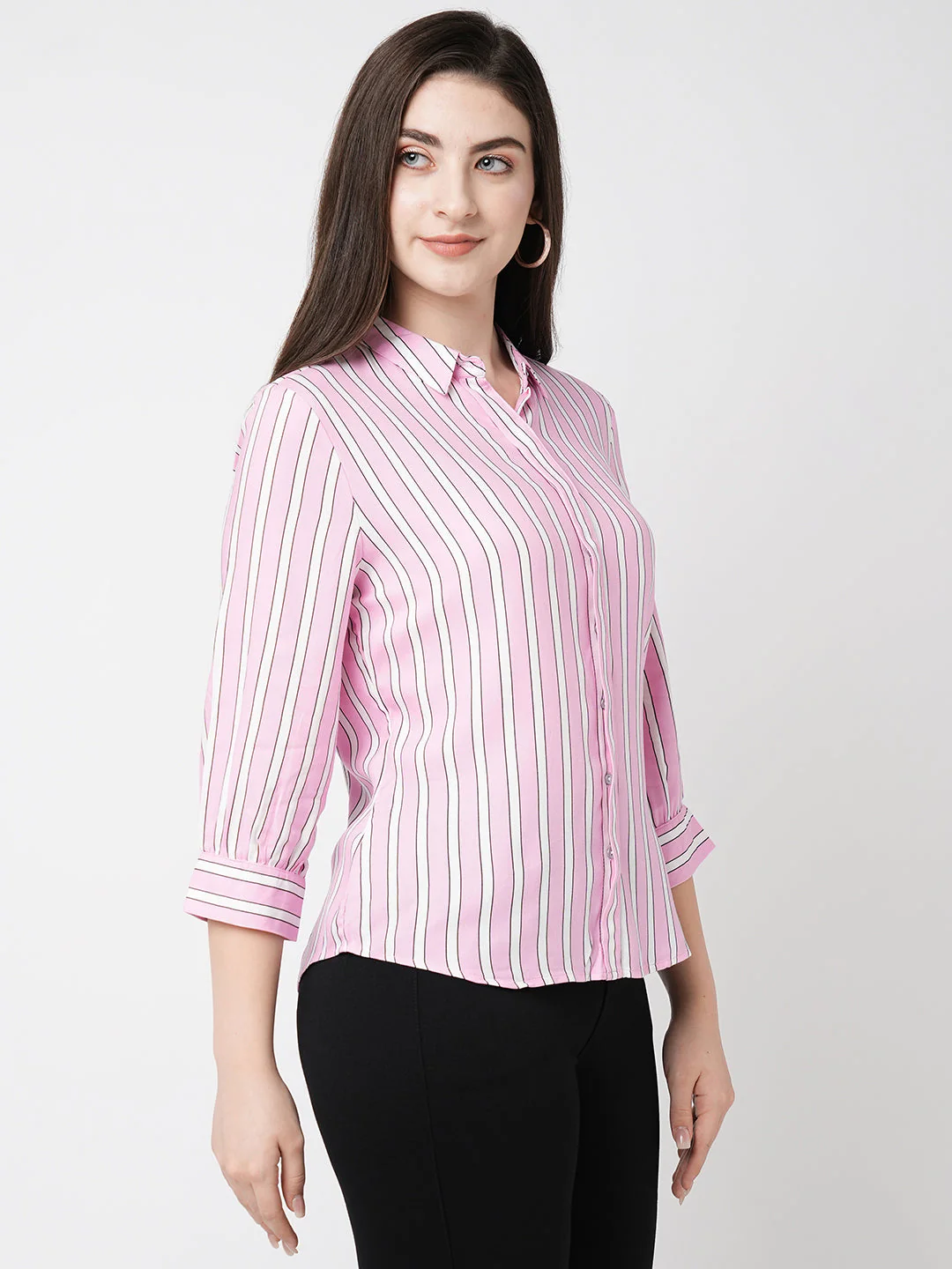 Women Lavender & White Striped Slim Shirt - Image 4