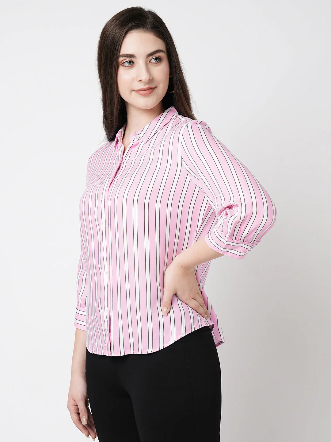 Women Lavender & White Striped Slim Shirt - Image 5