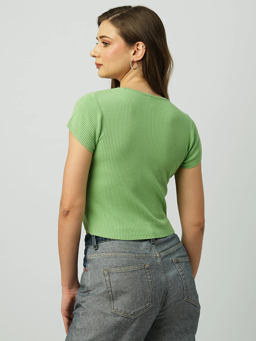 Women Leafy Green Flat Knit Top - Image 3