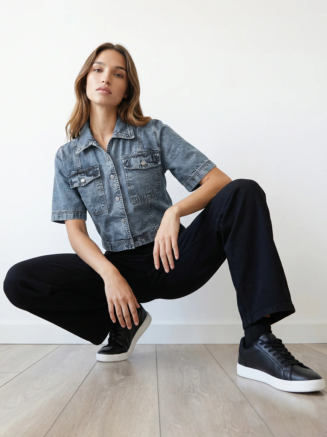 Women Light Blue Crop Denim Shirt