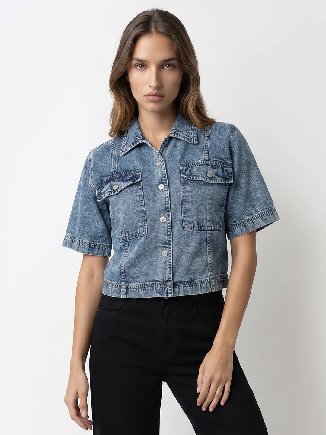 Women Light Blue Crop Denim Shirt - Image 2