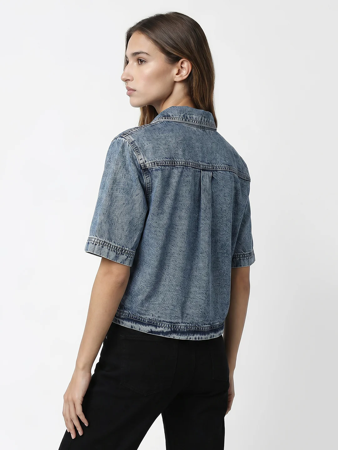 Women Light Blue Crop Denim Shirt - Image 3