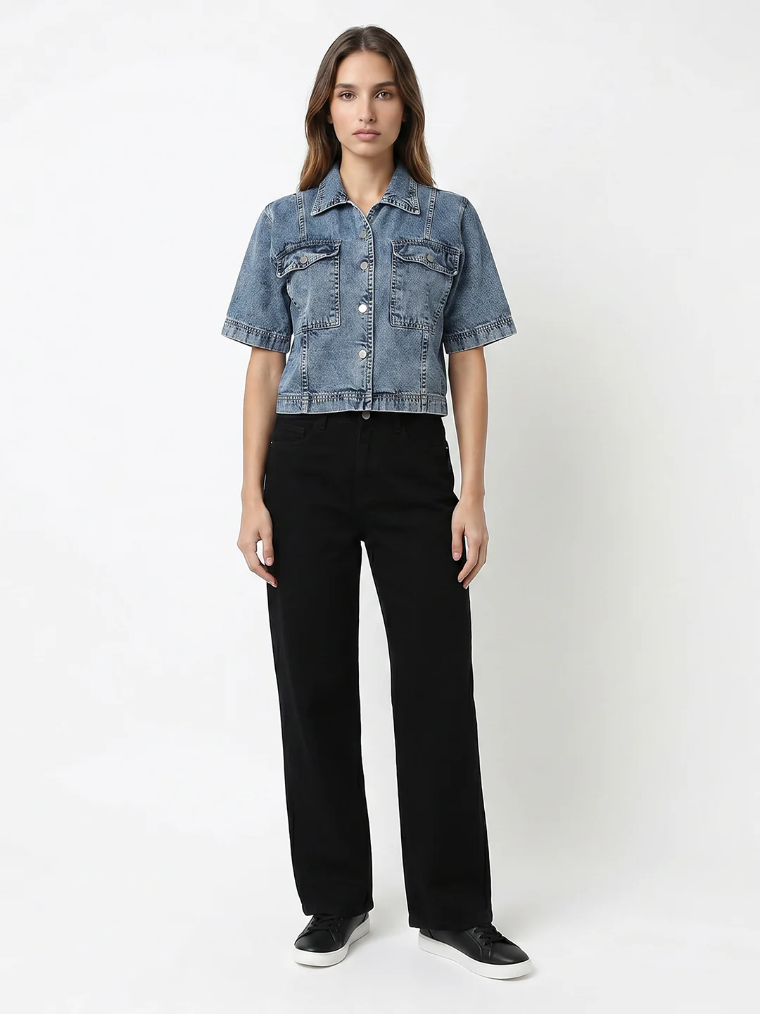 Women Light Blue Crop Denim Shirt - Image 4