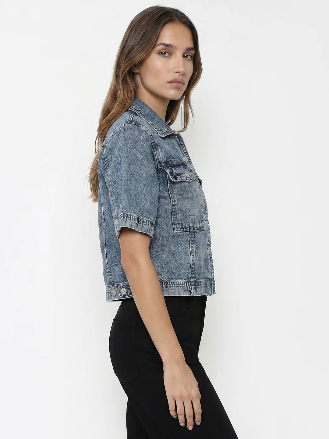 Women Light Blue Crop Denim Shirt - Image 5