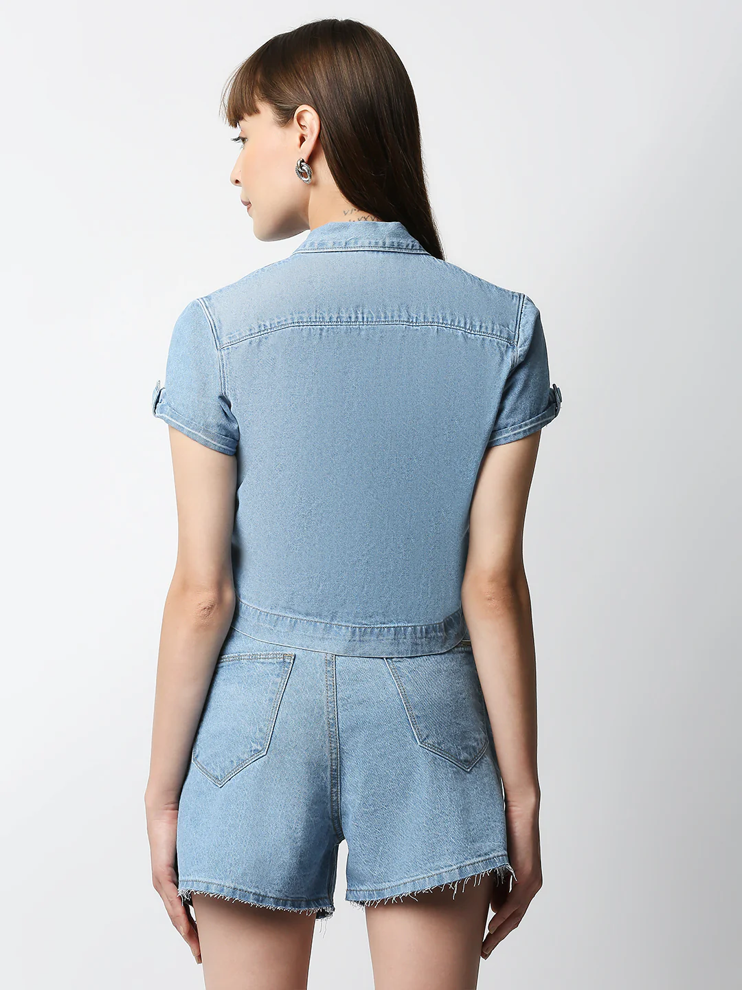 Women Light Blue Crop Denim Shirt - Image 3