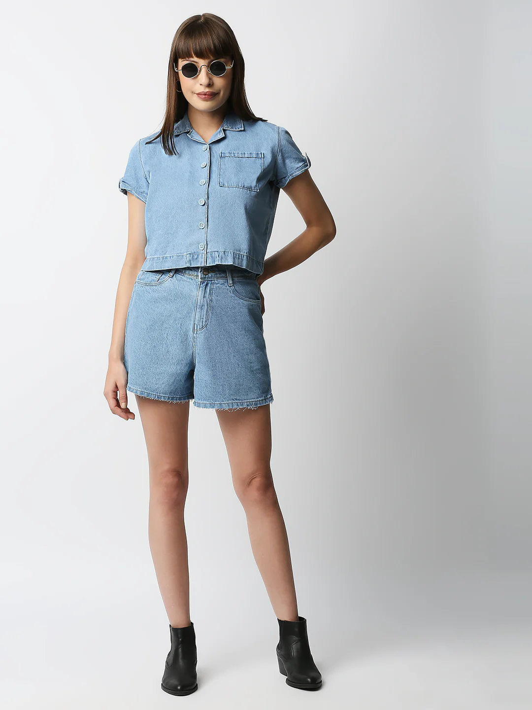 Women Light Blue Crop Denim Shirt - Image 4