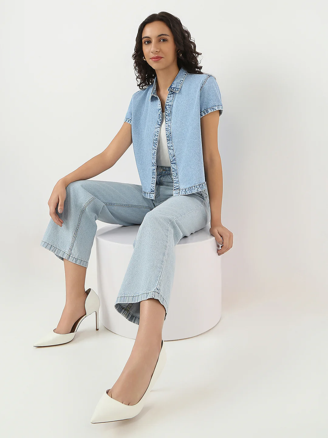 Women Light Blue Crop Denim Shirt