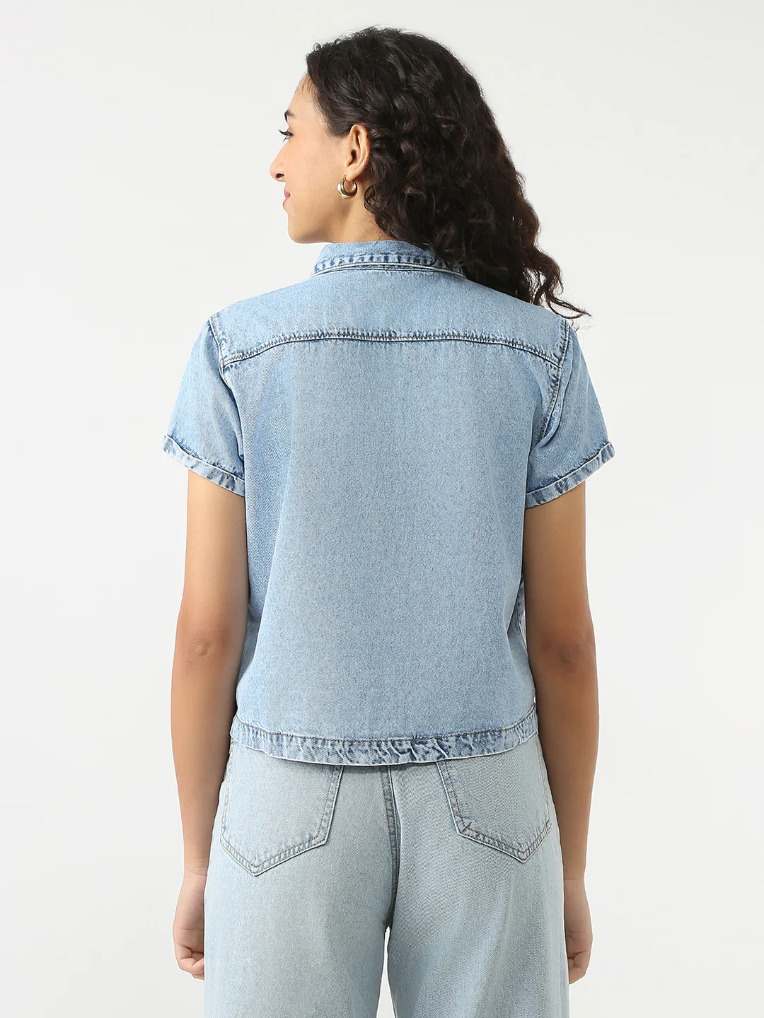 Women Light Blue Crop Denim Shirt - Image 3